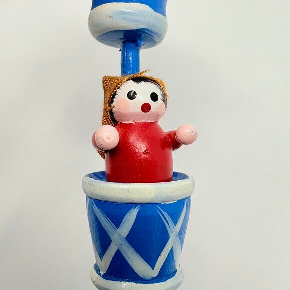 Vtg Hot Air Balloon Wooden Christmas Ornament Blue and White w/ Figure 4" - Picture 2 of 5